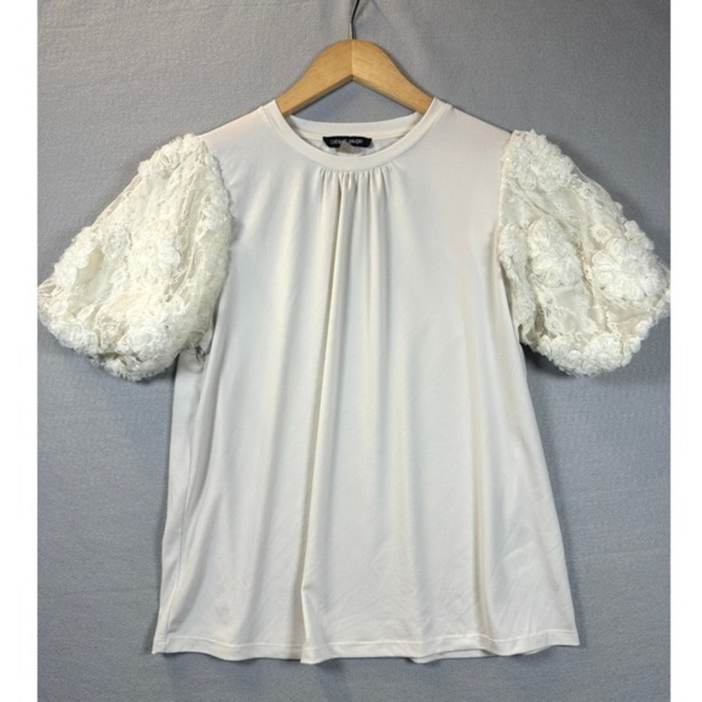 Cable & Gauge Cream Floral Lace Puff Sleeve Blouse Chic Romantic Sz Small